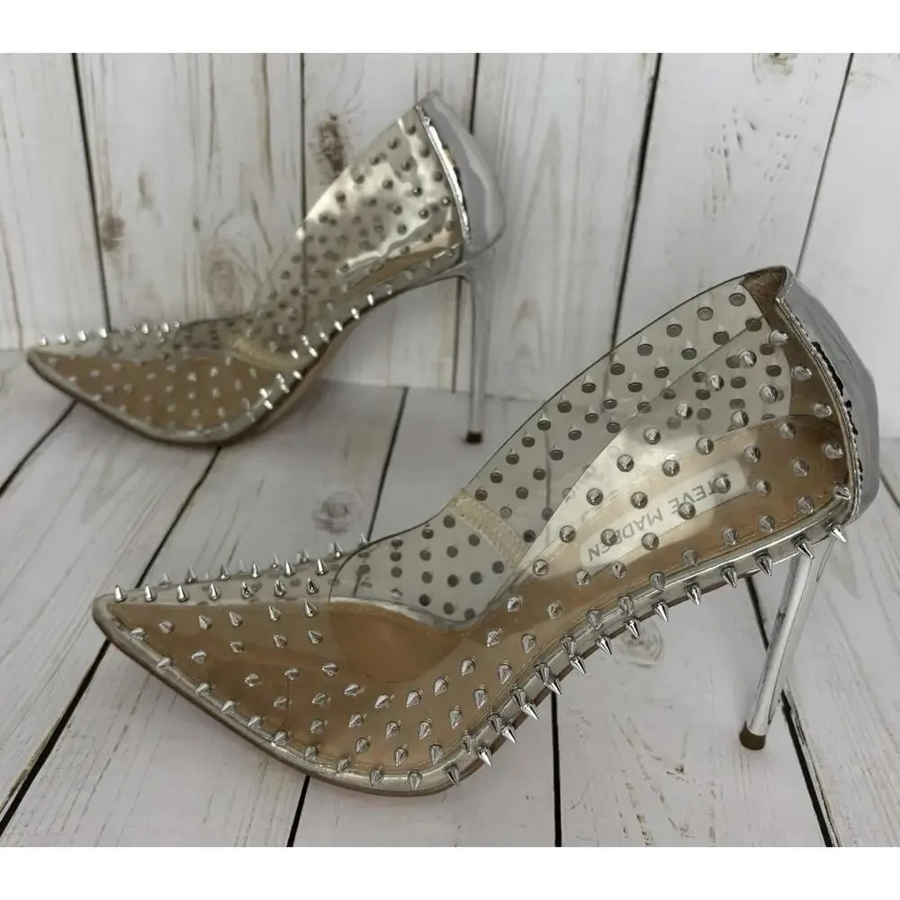 Steve Madden Vala Stud Clear Pumps Silver Spikes Punk Goth Size 7.5 - Picture 6 of 8